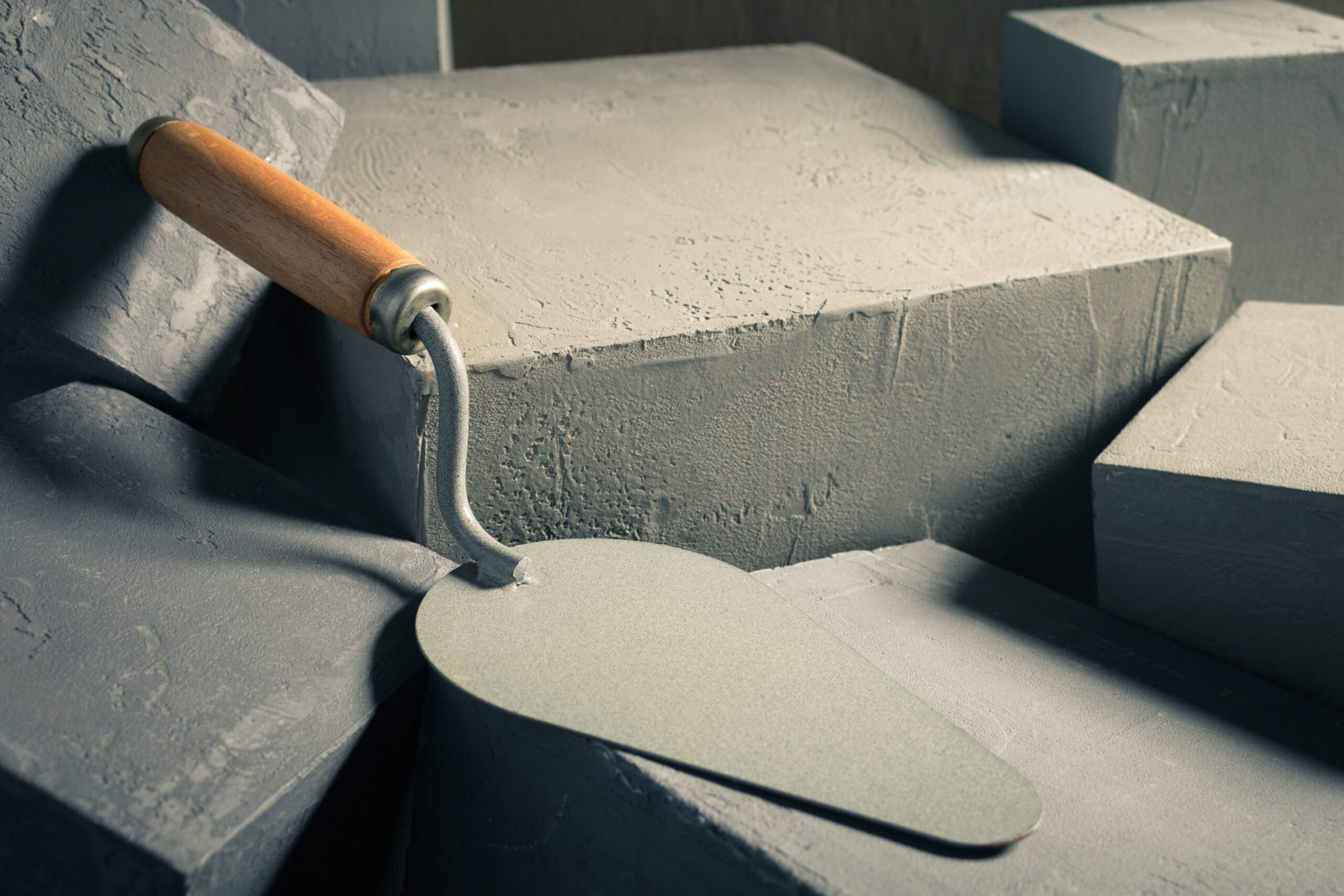 Concrete cube or construction brick and trowel. Construction con